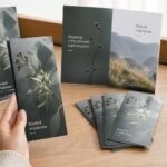 A trifold brochure with a nature photography cover is held up before a fanned stack, another spread open behind it.