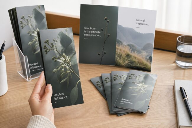 A trifold brochure with a nature photography cover is held up before a fanned stack, another spread open behind it.