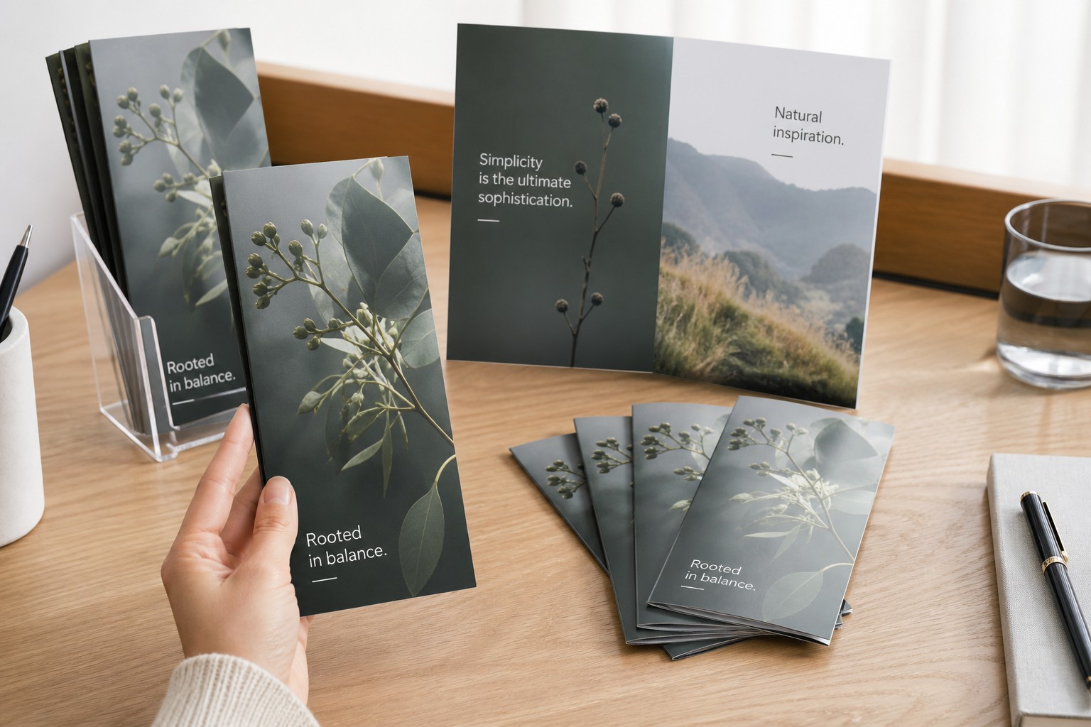 A trifold brochure with a nature photography cover is held up before a fanned stack, another spread open behind it.
