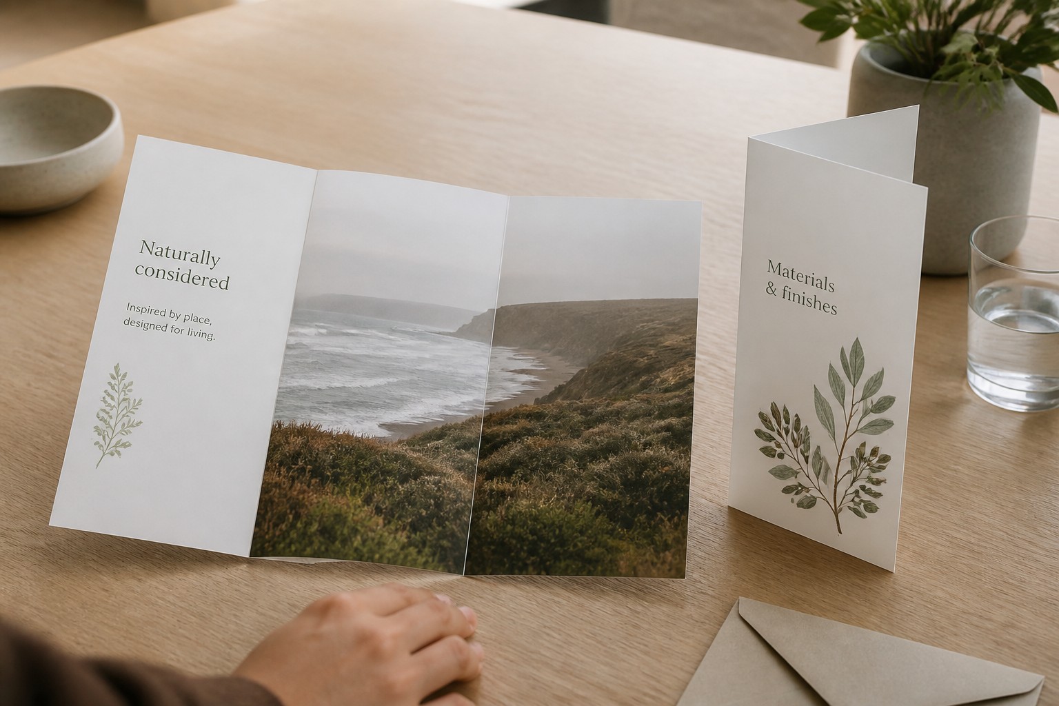 An open brochure lies flat with a landscape photograph spanning its inner panels, a folded copy standing upright alongside it.