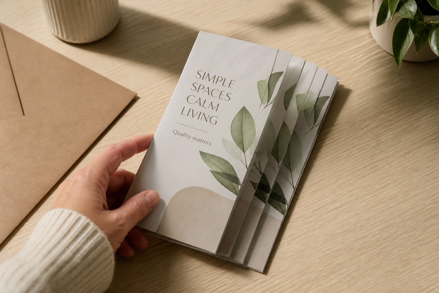 A hand fans a stack of glossy folded brochures, revealing a leaf illustrated cover beside a kraft envelope.
