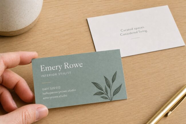 90 x 55mm Artboard business card with layered typography showing name, job title and contact details at different point sizes