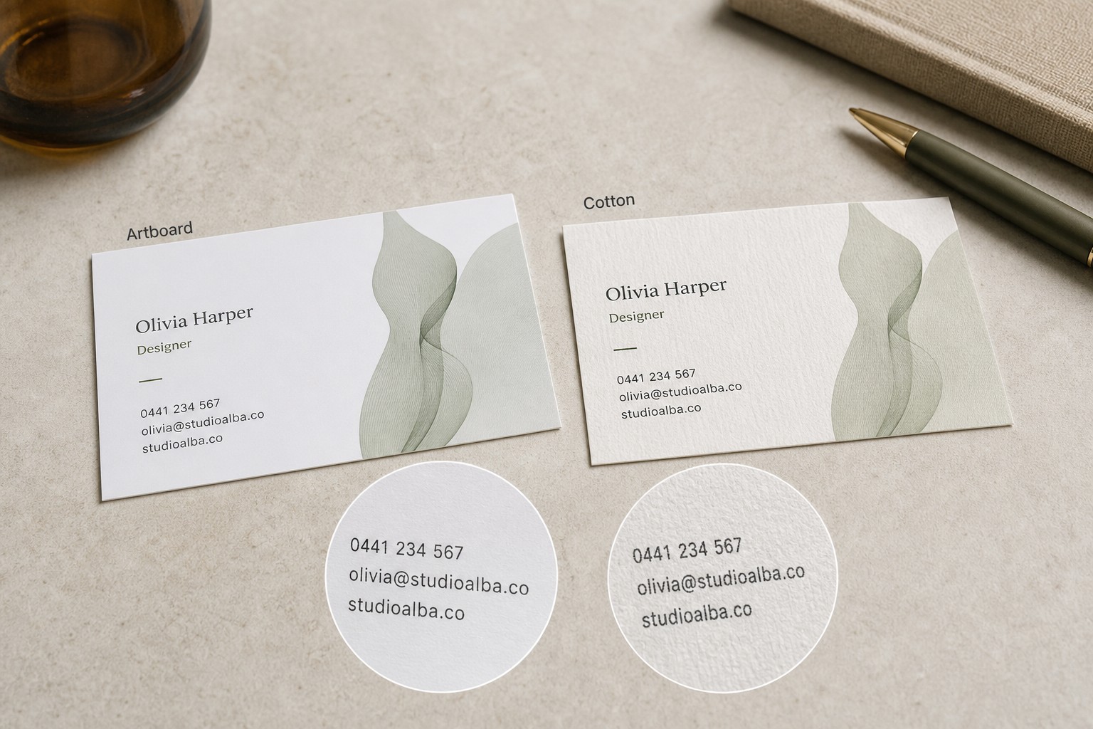 Standard business card on Artboard and Cotton · coated and uncoated stocks · showing ink spread variation across different stocks and shapes