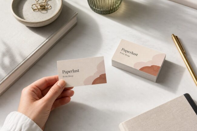 Standard business cards at 90 x 55mm · 300 GSM Matte · displayed as a stacked pile