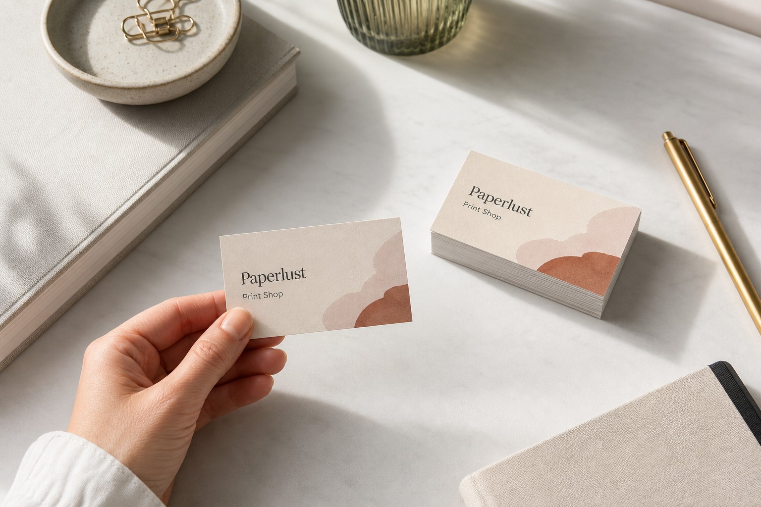Standard business cards at 90 x 55mm · 300 GSM Matte · displayed as a stacked pile