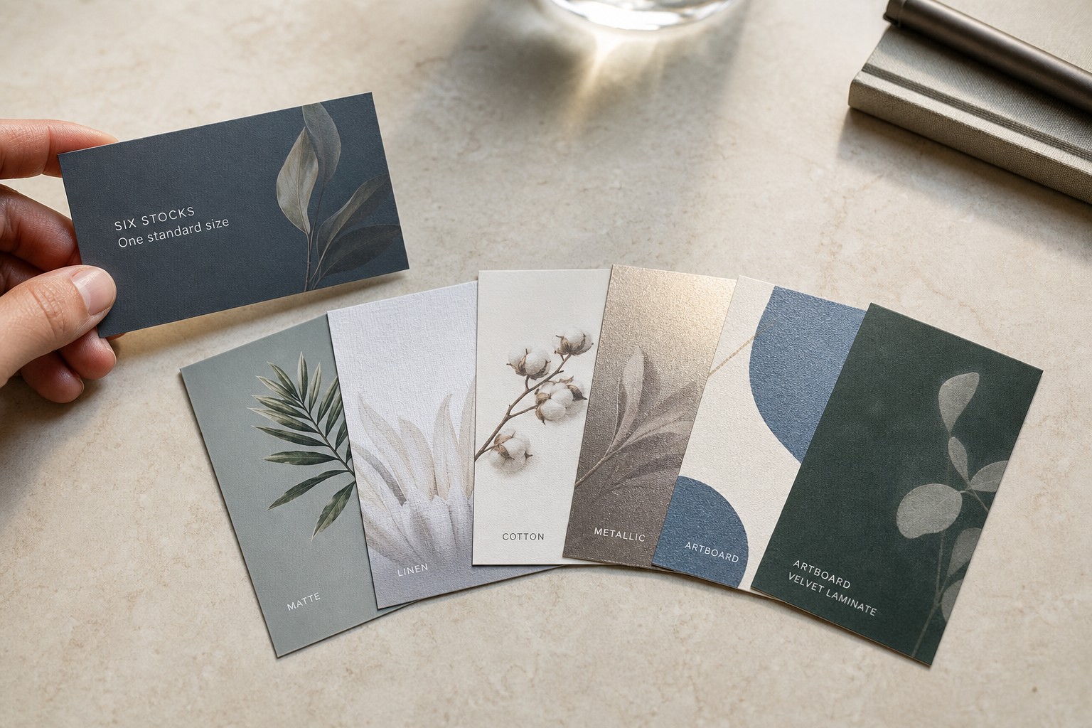 Six paper stocks for standard business cards · 300 GSM Matte, Linen, Cotton, Metallic, Artboard and Artboard with Velvet Laminate