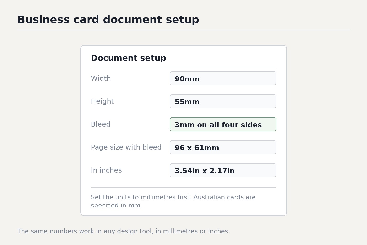 Diagram: Business card document setup for Australian business card 90mm x 55mm with 3mm bleed