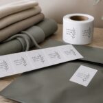 Adhesive care labels on a roll and in a cut strip sit beside folded knitwear and a grey mailer bag, each printed with a leaf motif.