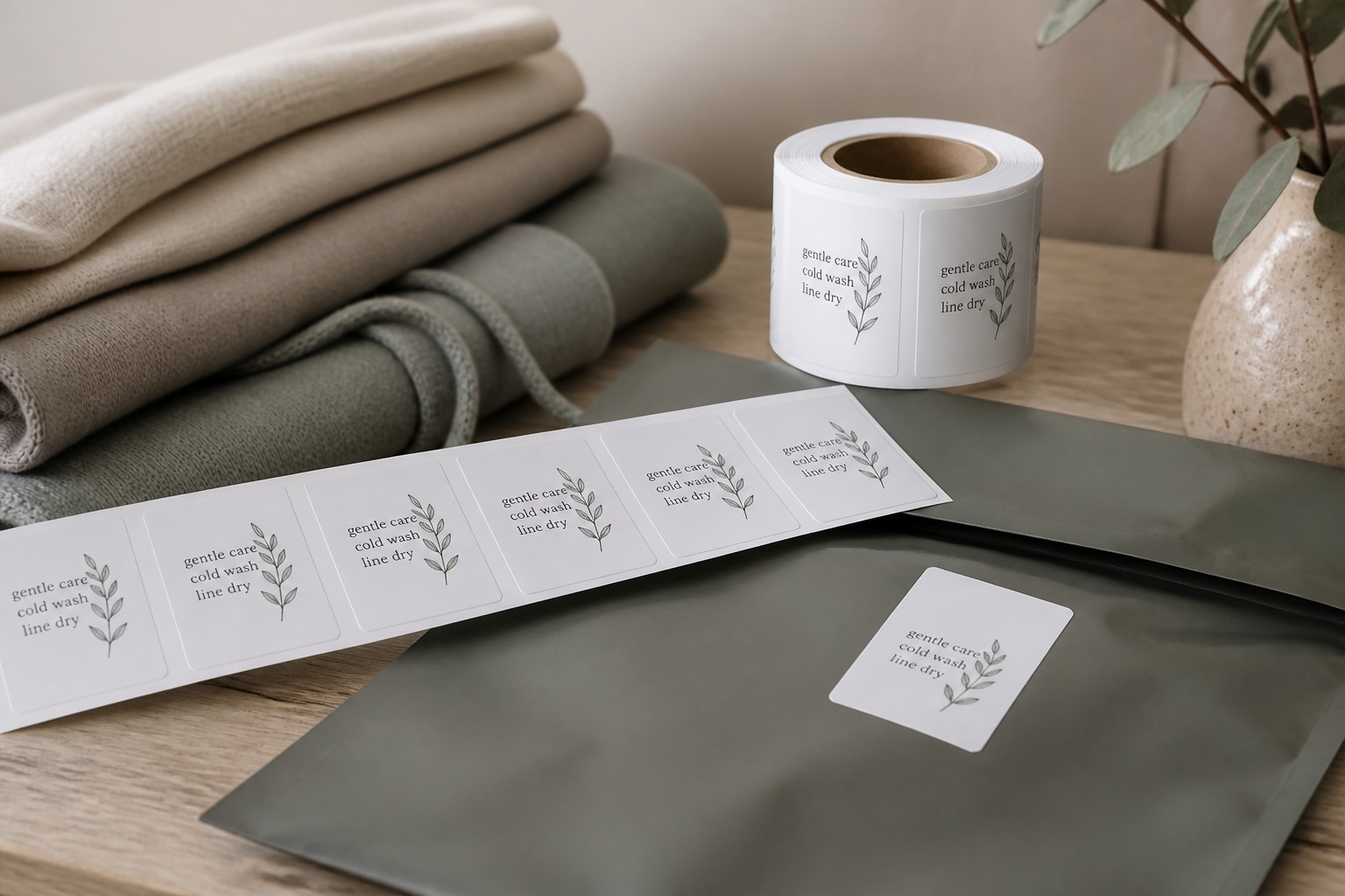 Adhesive care labels on a roll and in a cut strip sit beside folded knitwear and a grey mailer bag, each printed with a leaf motif.