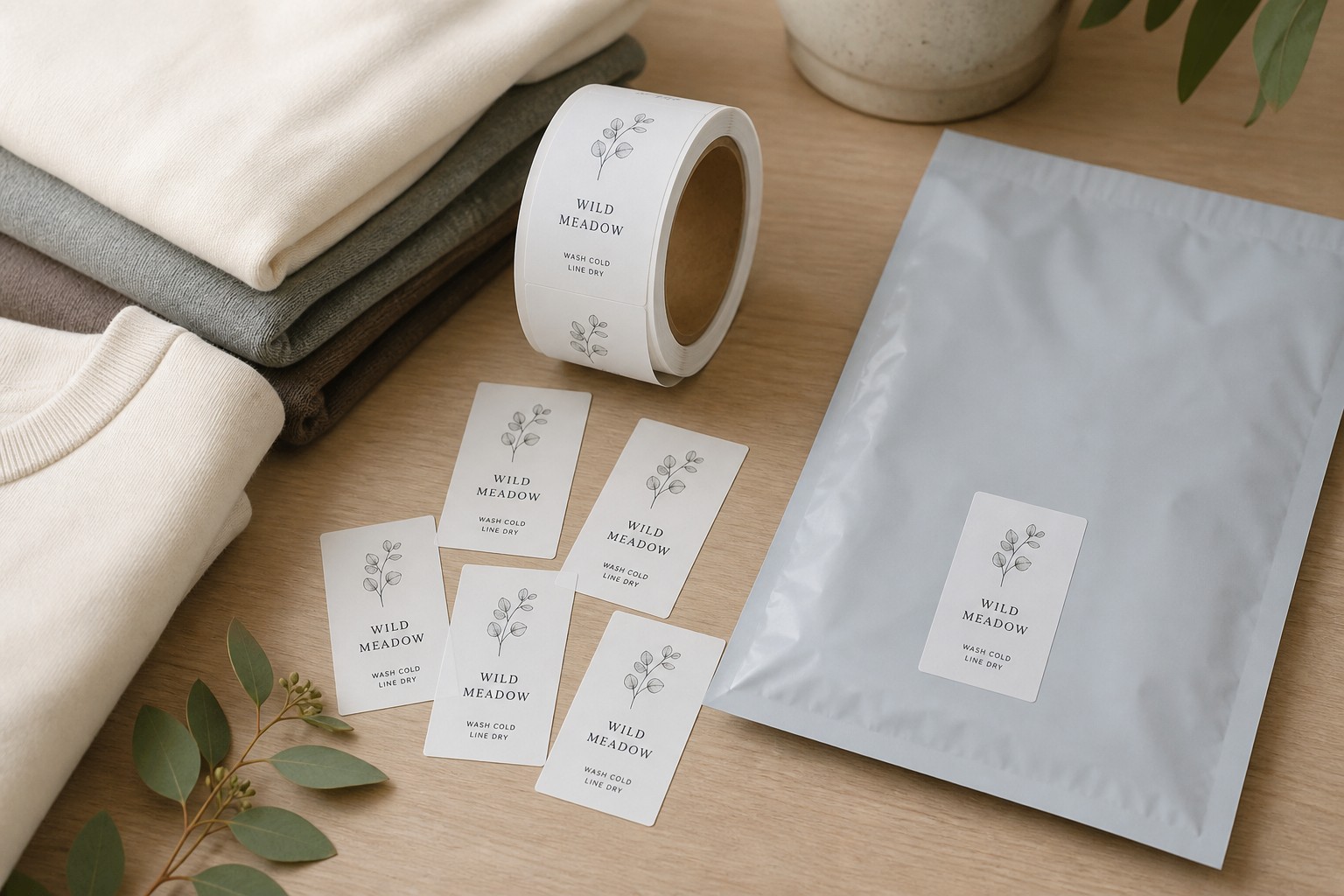 Rectangle labels printed with a brand name, leaf icon and wash instructions are scattered beside folded knitwear and a grey mailer pouch.