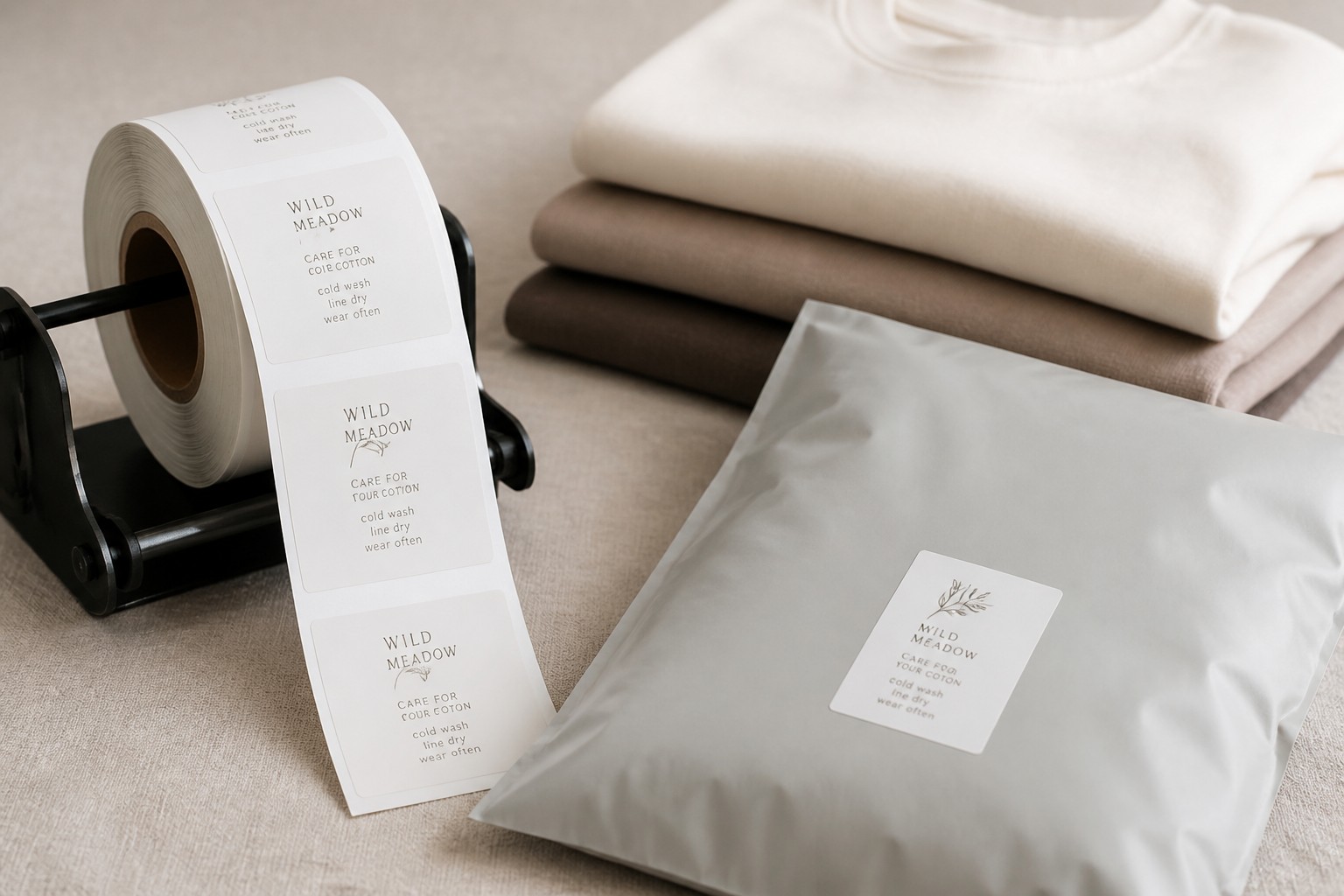 A dispenser holds a roll of care labels beside folded knitwear and a mailer pouch bearing the same brand label, set on a linen surface.