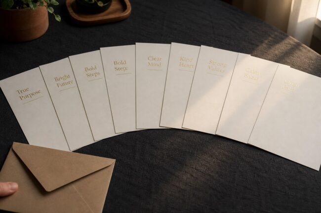 Nine cream certificates fanned across dark charcoal linen, gold titles catching low light, with a kraft envelope and a small potted plant nearby