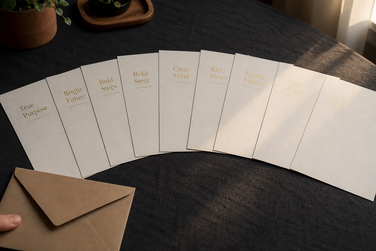 Nine cream certificates fanned across dark charcoal linen, gold titles catching low light, with a kraft envelope and a small potted plant nearby
