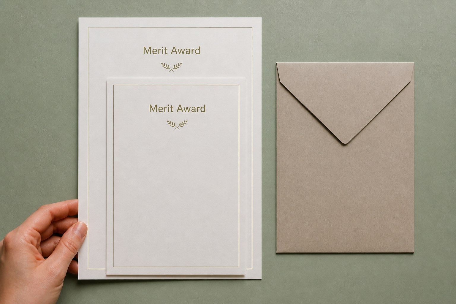 Smaller portrait certificate centred on a larger identical design on sage green, an even border around all sides, with a plain envelope to the right