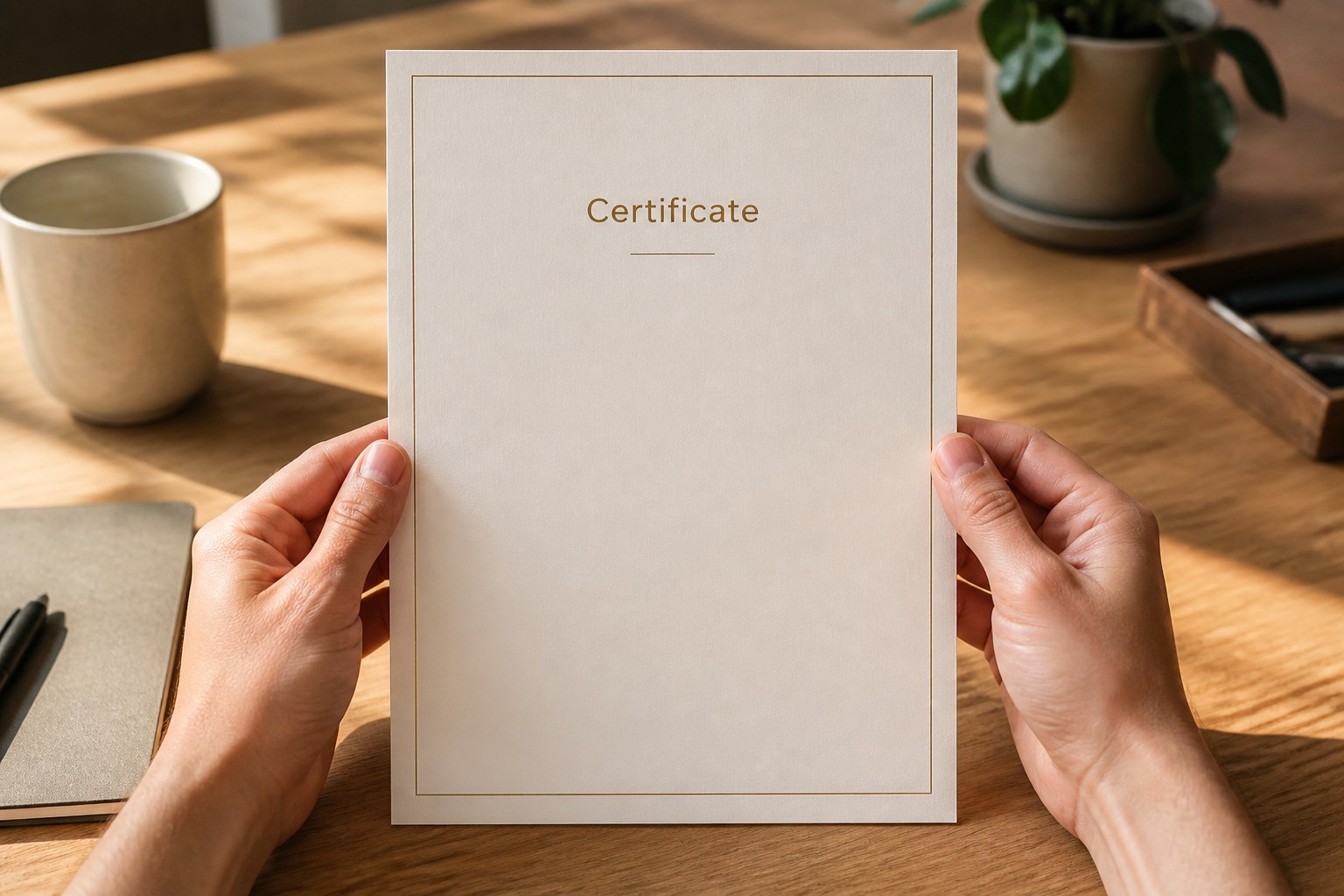 Two hands hold a single cream certificate flat by its edges, gold keyline border and title visible, the cut edge lit to show stock thickness