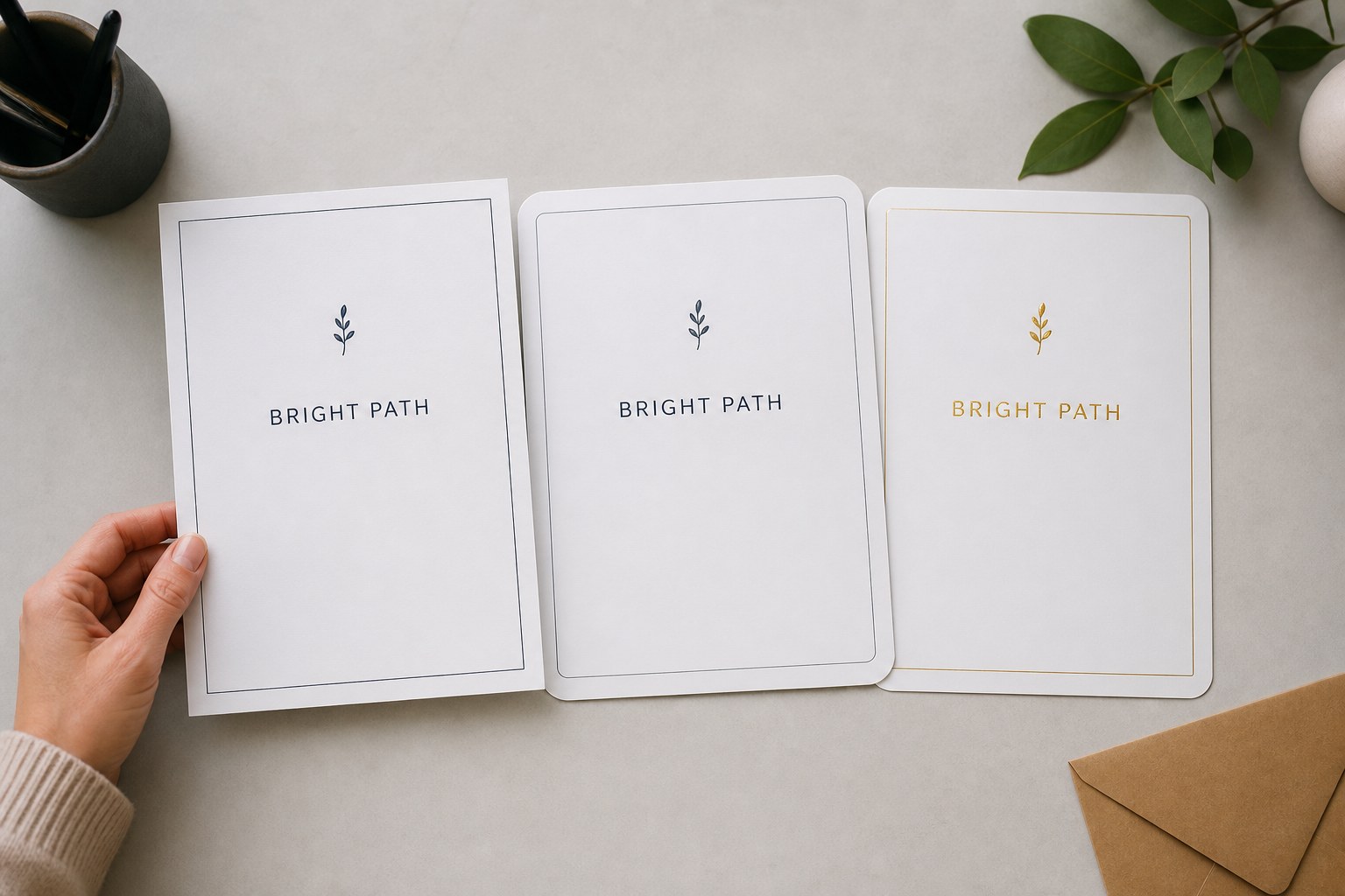 Three certificates in a row: square corners at left, rounded corners in the middle, and rounded corners with gold foil title and ornament on the right