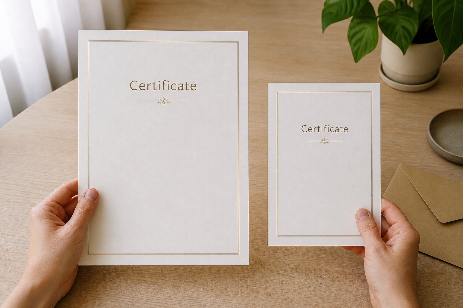 Two hands hold a larger and a smaller portrait certificate side by side, each cream with a fine gold keyline and a short matching gold title.
