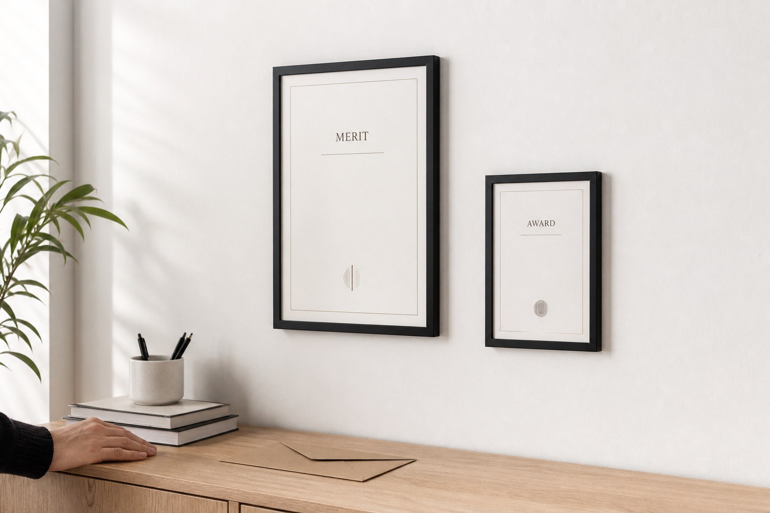 Two framed certificates hang on a white wall, the larger upper left and the smaller lower right, above a pale timber credenza with books and pen pot.