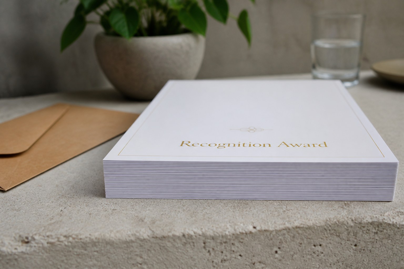 A neat stack of identical certificates sits edge on at a low angle on a pale concrete bench, the top sheet carrying a gold title and fine keyline.