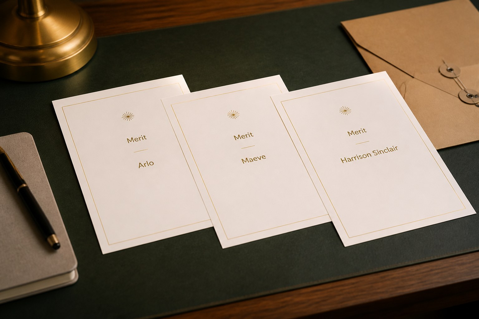A cascade of identical smaller certificates overlaps on a deep green blotter, each carrying the same gold title and keyline and one longer name.