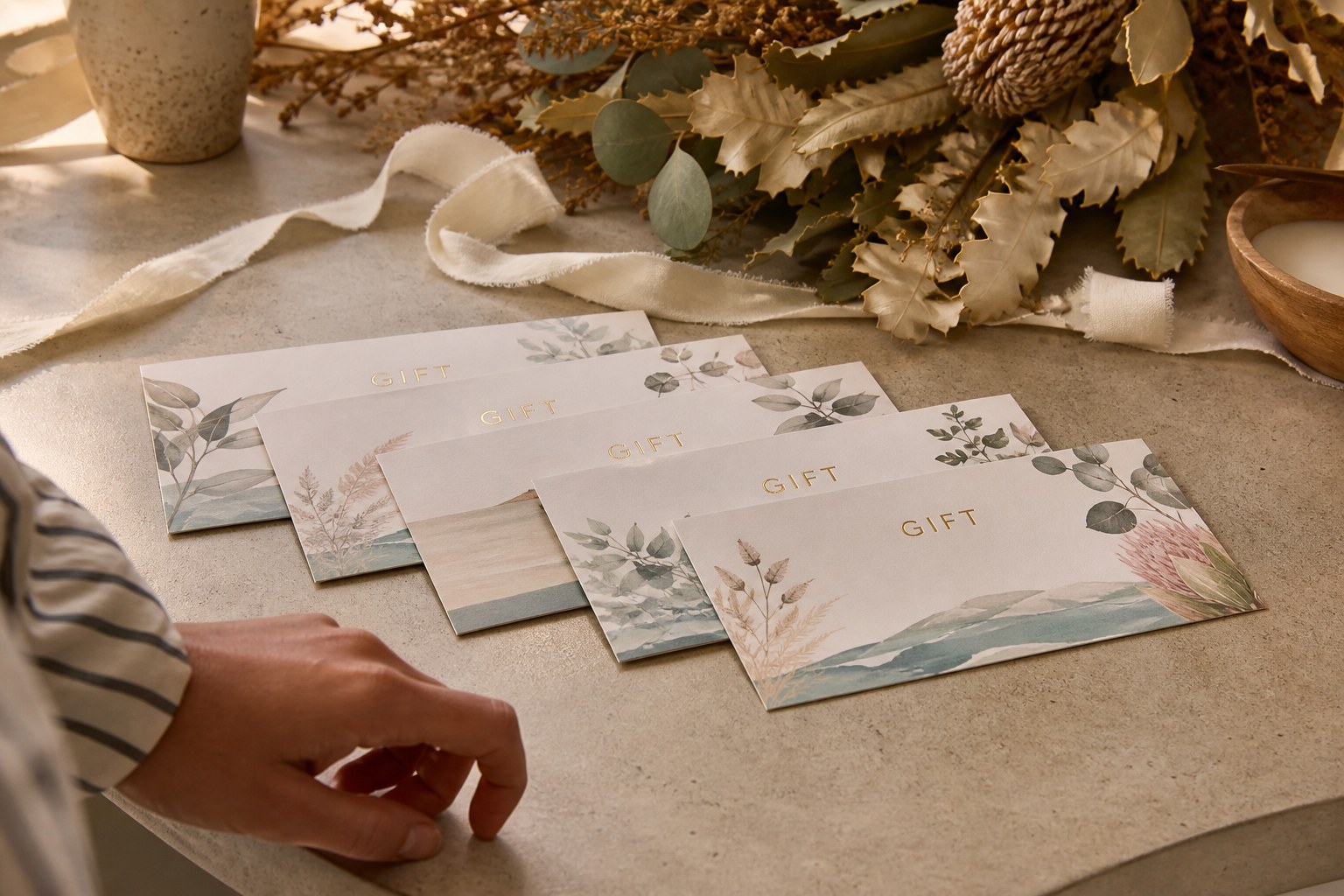 Several identical A6 gift vouchers with short gold foil titles overlapping on a boutique counter styled for an Australian summer Christmas.