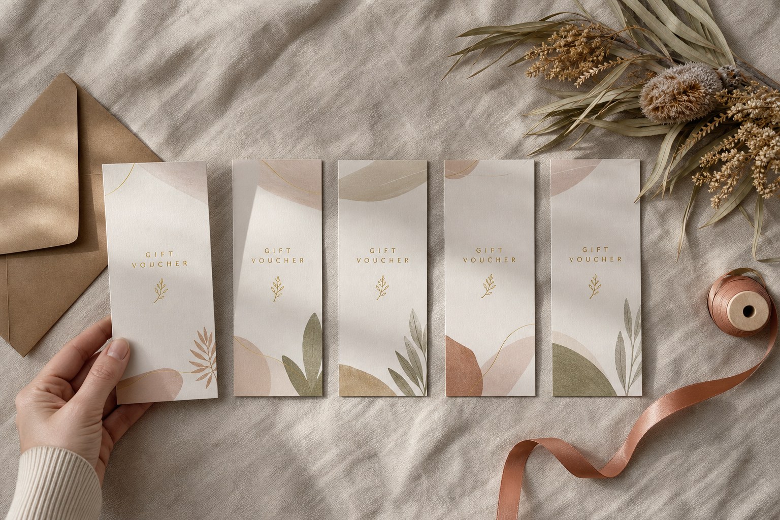 Identical DL gift vouchers with short gold foil titles arranged in an even row across a washed linen cloth with dried native foliage and ribbon.