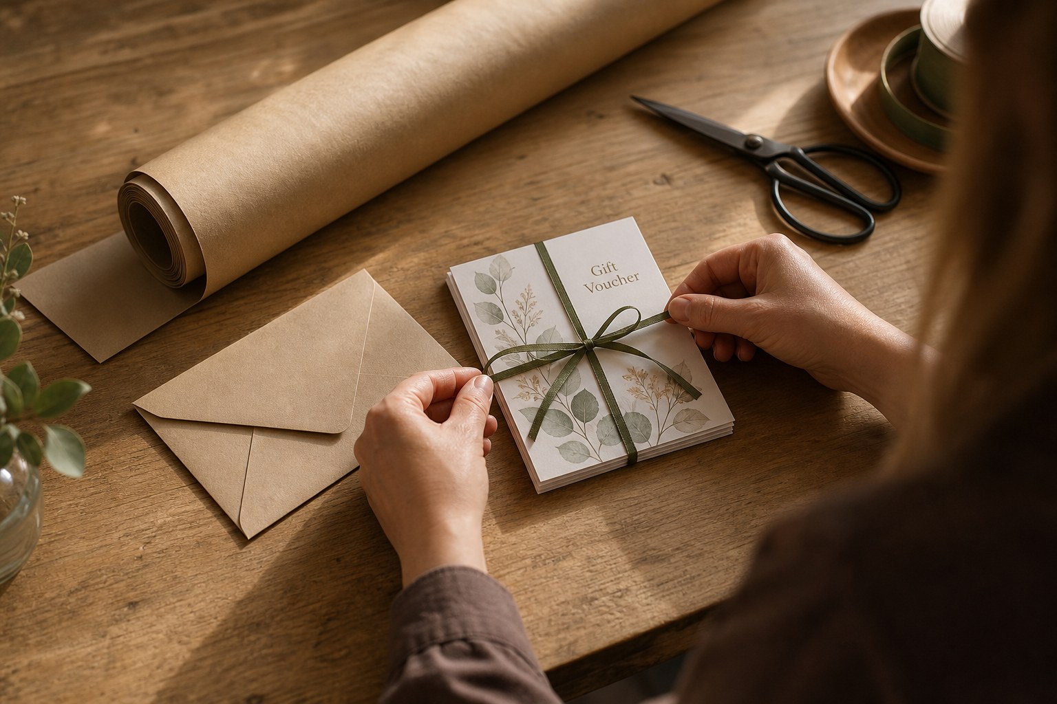A small stack of kraft envelopes on a warm timber surface with one A6 gift voucher drawn out showing a printed front and short gold foil title.