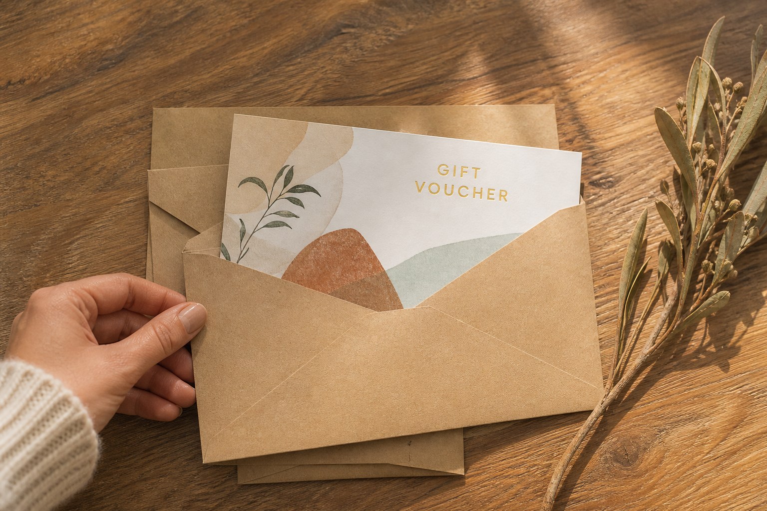 Two hands tying narrow ribbon around a small bundle of identical A6 gift vouchers on a timber shop counter with kraft paper and scissors.