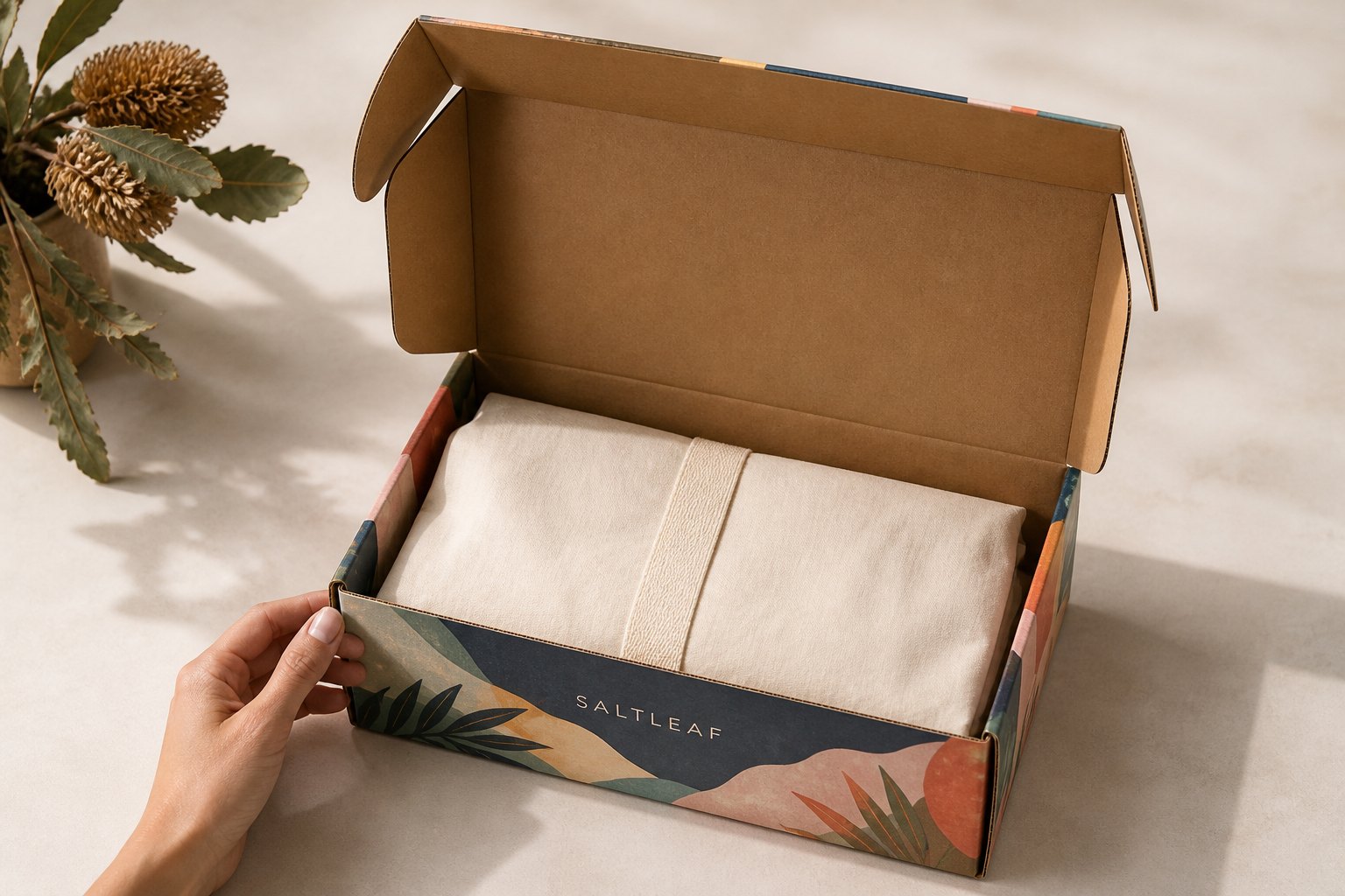 Open full-colour printed mailer box on a pale surface holding a tissue-wrapped garment under a band, SALTLEAF wordmark on the front panel, native banksia stems behind, a hand at the near edge.