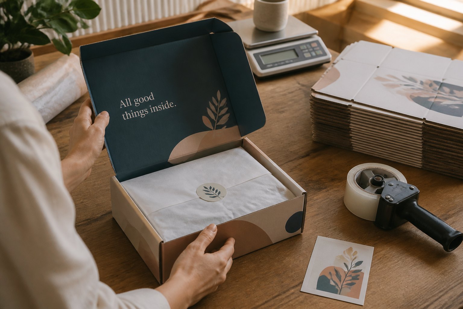 Branded mailer box opened on packing bench with shipping scale, tape gun, and stack of flat-packed boxes visible; warm working-dispatch lighting.
