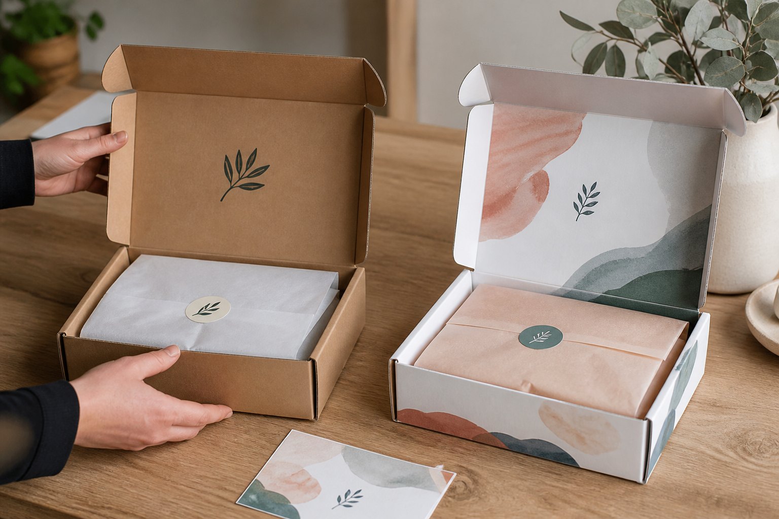 Two open mailer boxes side by side on timber surface: natural kraft box with single-colour logo on left, white-liner full-colour CMYK box on right, both showing roll-end tuck-front structure.