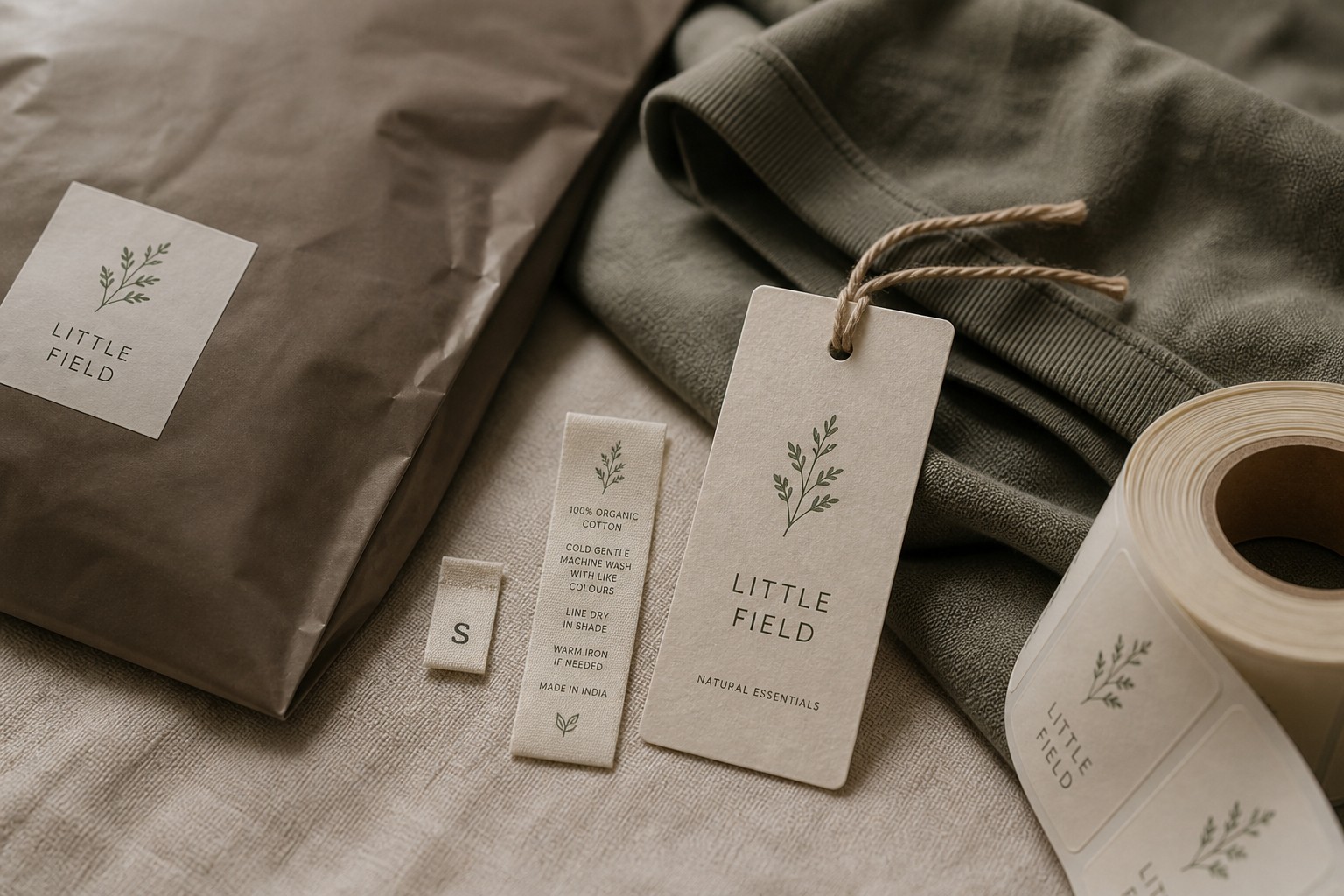A woven size label, printed care strip and branded hang tag tied with twine rest against folded knitwear, beside a kraft bag and label roll.