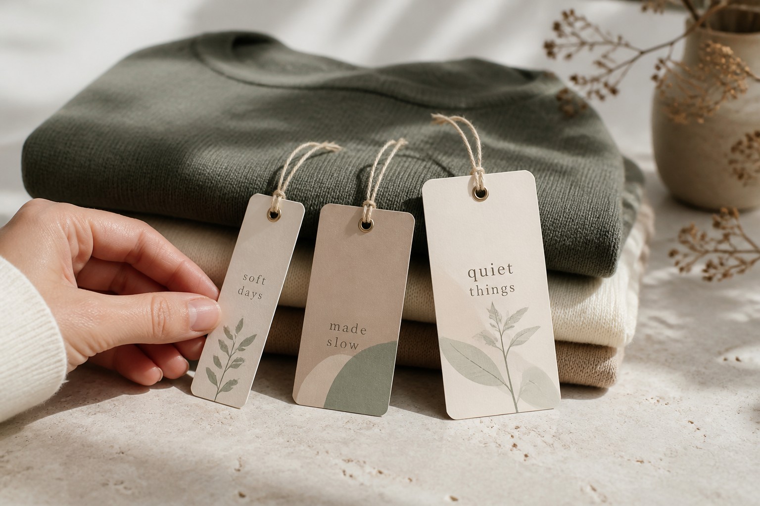 Three hang tags in graduated sizes rest against folded jumpers, each tied through a punched hole with twine.