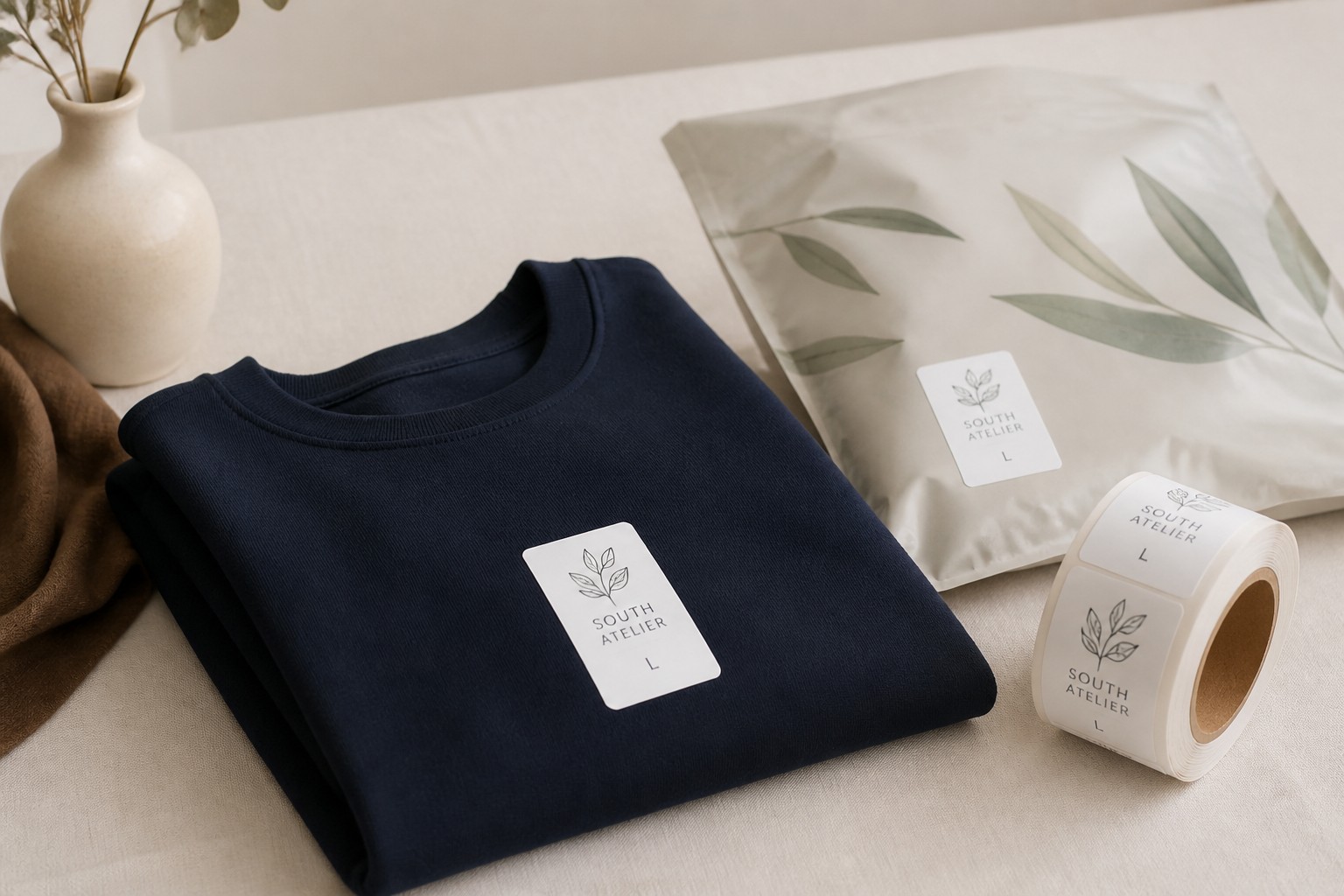 A folded navy garment and a botanical print mailer both carry a brand label, next to a roll of matching labels.