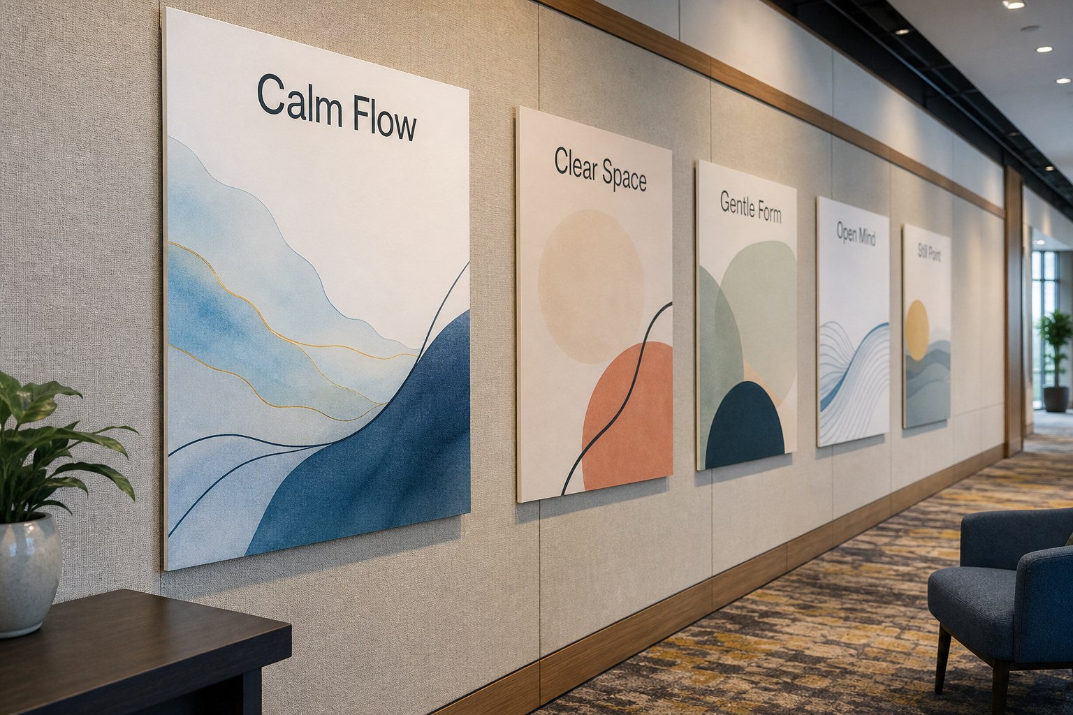 Printed foam board panels mounted on fabric display walls in a conference hall, a planter at left and an armchair at lower right, no people