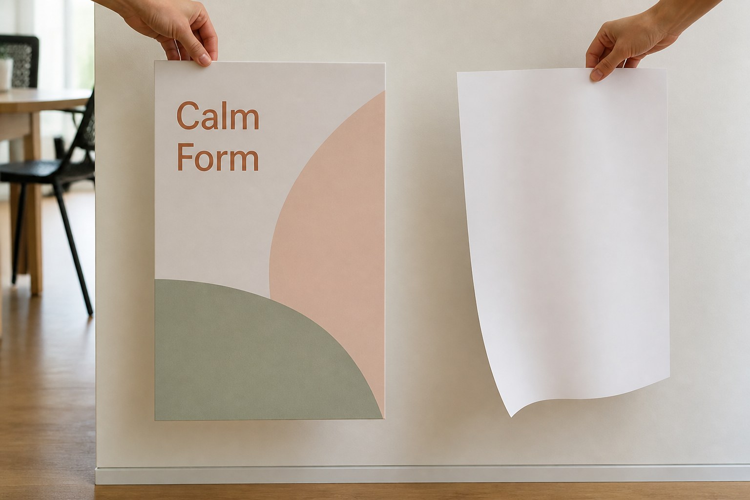 Hands holding two sheets by one corner beside a plain wall; the printed foam board stays flat while an unprinted paper sheet curls downward