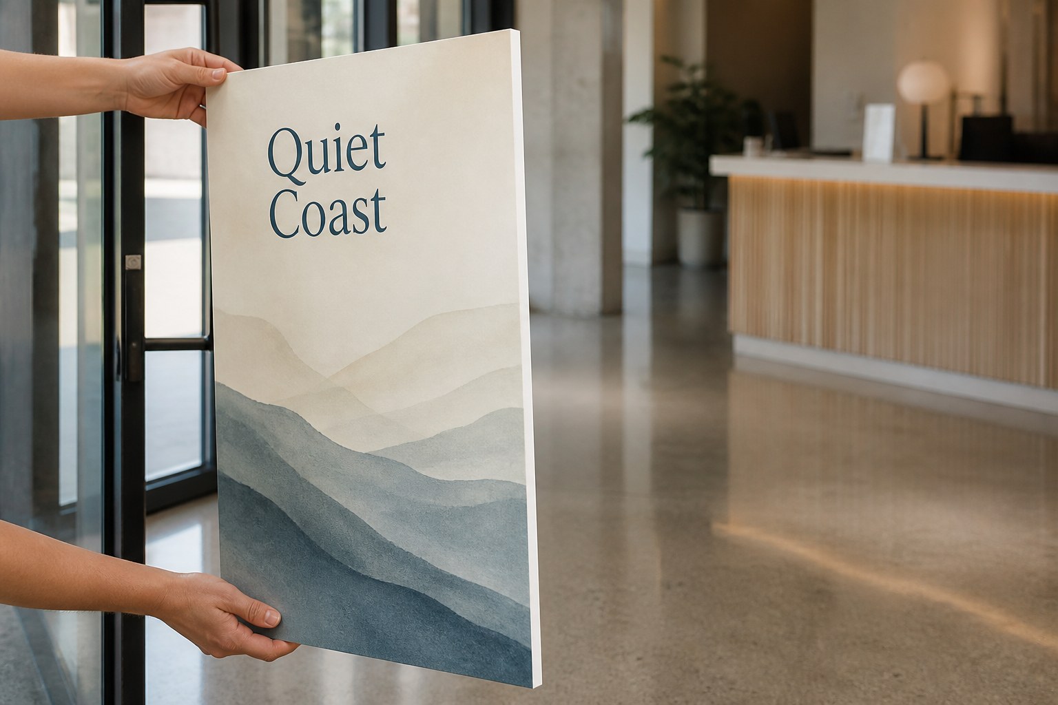 A large printed foam board panel carried upright through a venue foyer, its white cut edge visible and printed side facing forward
