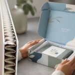 Corrugated board flute close-up showing white liners and sinusoidal medium on left; person holding teal printed mailer box with leaf design on right.
