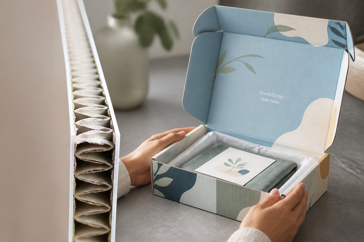 Corrugated board flute close-up showing white liners and sinusoidal medium on left; person holding teal printed mailer box with leaf design on right.