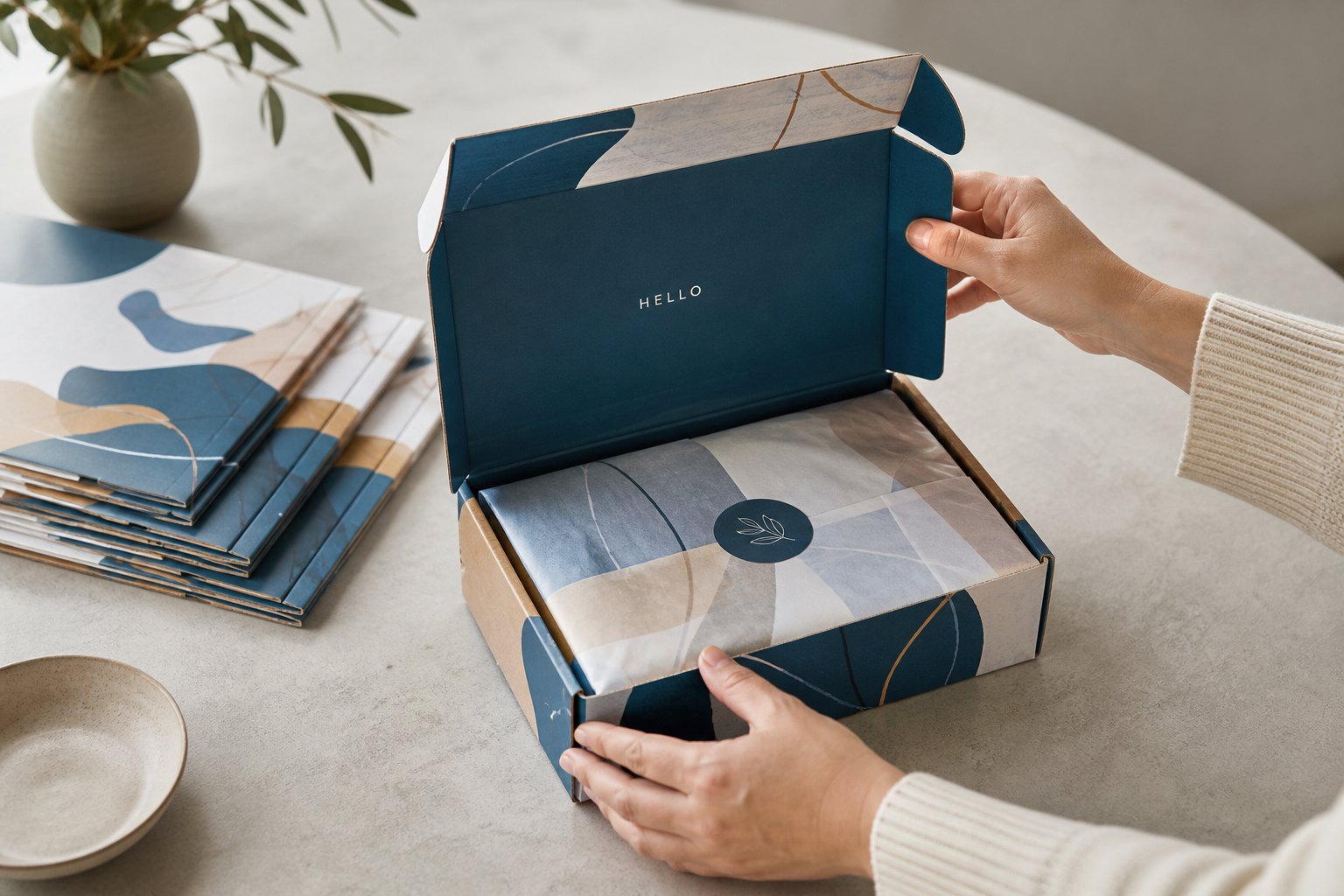 Person holding open navy blue mailer box with leaf motif showing white interior liner; flat-packed boxes stacked in soft-focused background on neutral light surface.