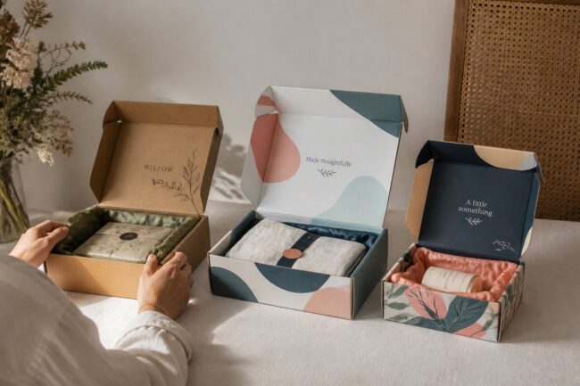 Three custom mailer boxes of stepped sizes on white surface, leftmost kraft with black text mark, center and right featuring full-color patterned designs, all open to show corrugated edges and interior.