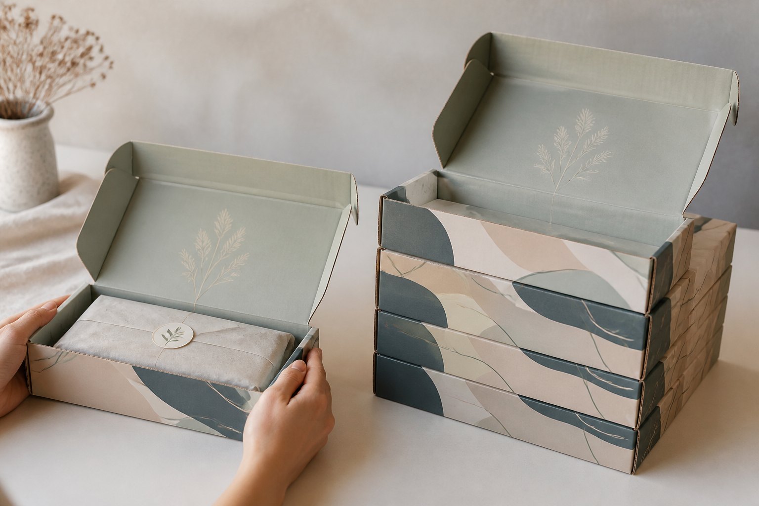 Two identical open corrugated mailer boxes side by side on white surface, one single box on left, one atop a tall neat stack on right, both showing B-flute board edge to illustrate small versus volume production.