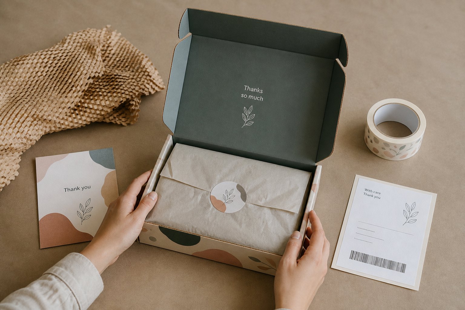 Overhead lay-flat of an open kraft mailer box surrounded by crinkled kraft paper, printed thank-you card, product, white tape roll, and shipping label, all arranged on neutral tan background.