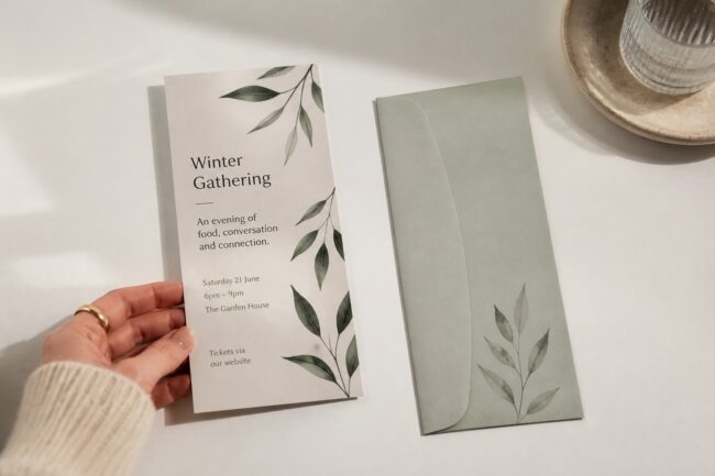 A botanical flyer rests beside its matching envelope on a sunlit desk, held lightly at the corner by hand.