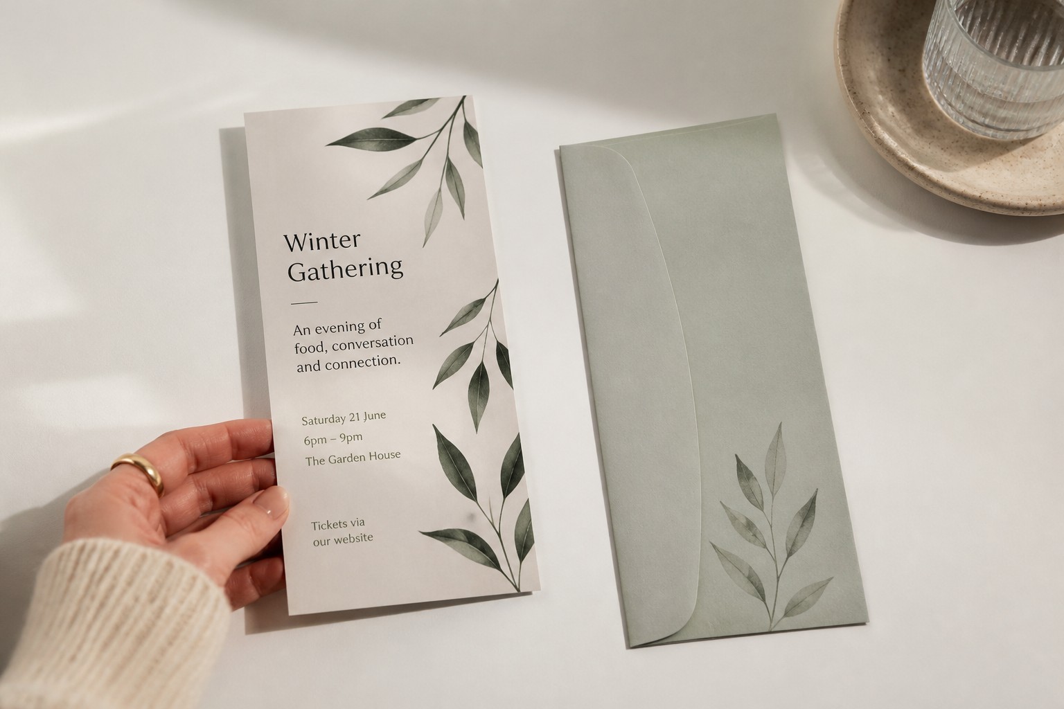A botanical flyer rests beside its matching envelope on a sunlit desk, held lightly at the corner by hand.