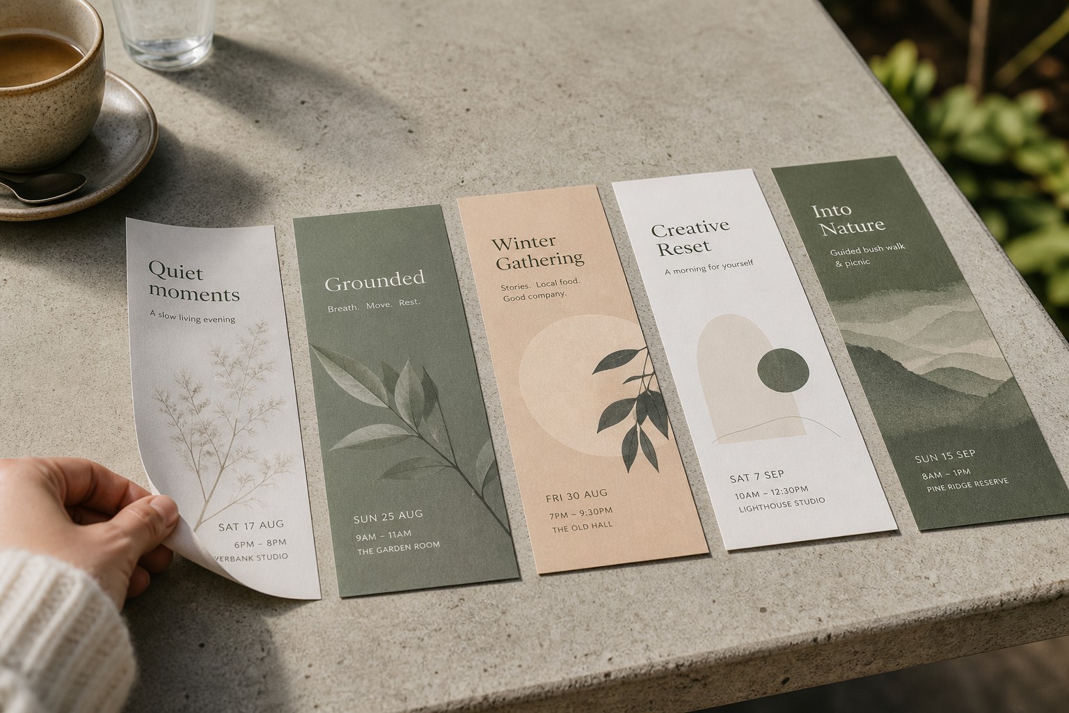 Five DL flyers, each in a different botanical design, fan across a concrete tabletop beside a morning coffee.