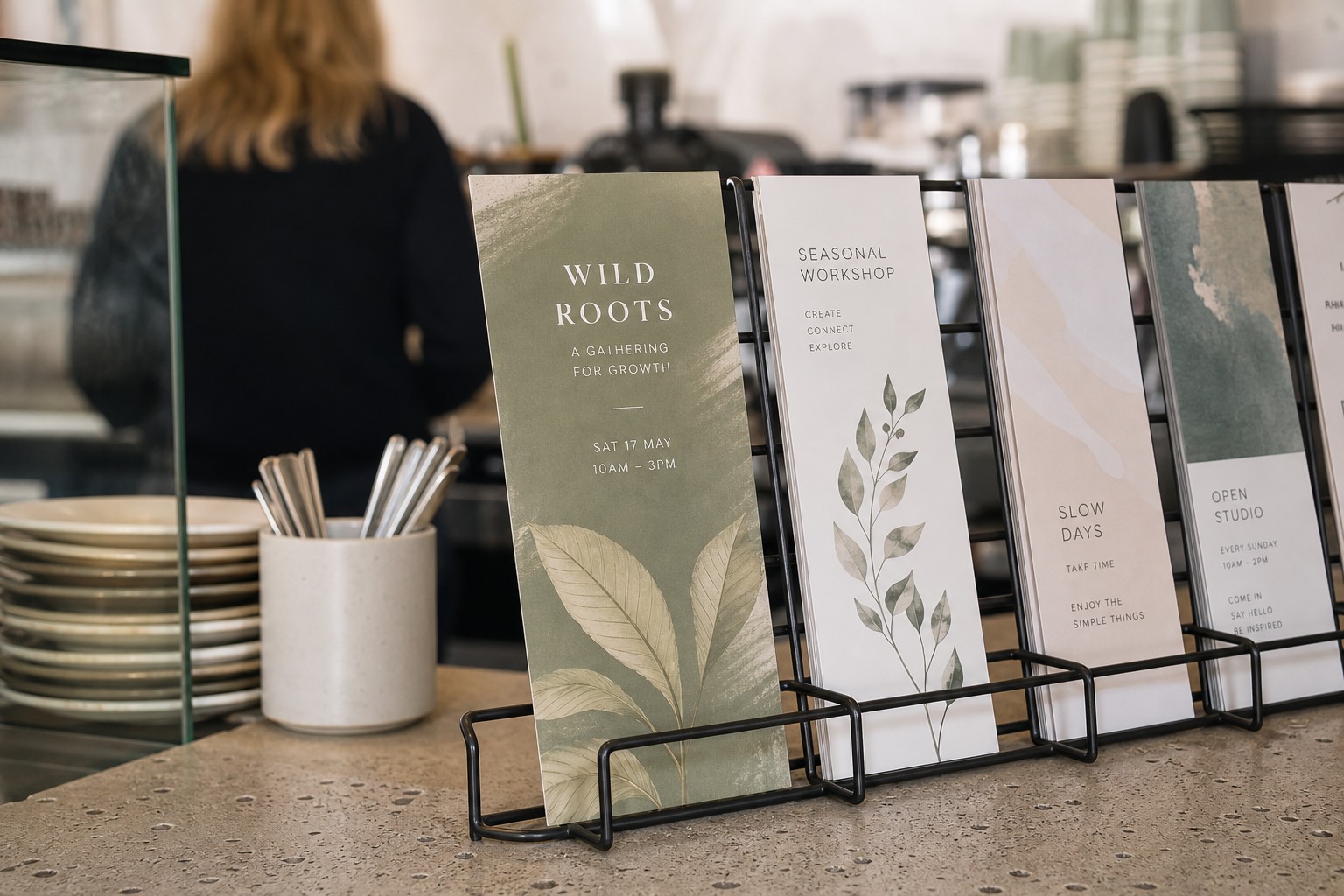 A DL flyer stands upright in a wire cafe rack, its leafy cover design flanked by three more flyers in neighbouring slots.