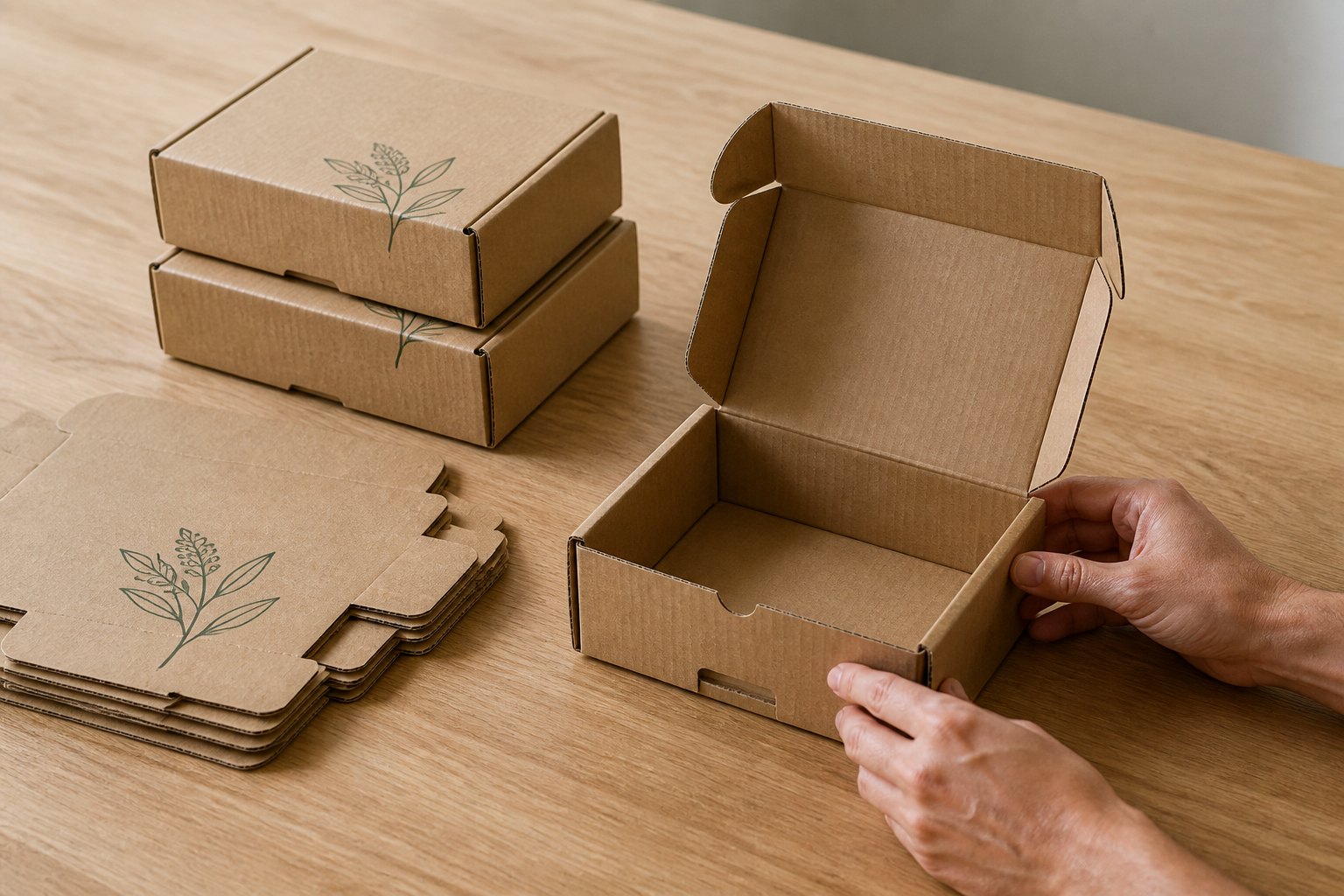 Kraft mailer boxes stacked on timber with hands opening one, clearly showing the RETF tuck-front closure mechanism.