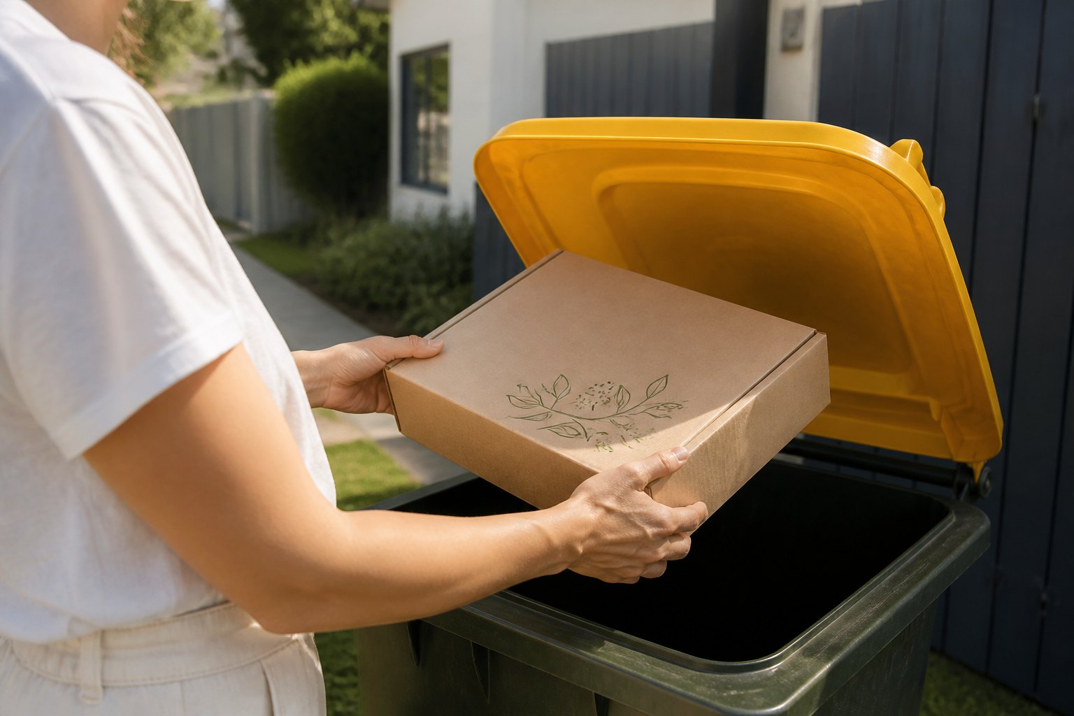 Hand placing kraft mailer box into yellow-lid kerbside recycling bin outside suburban home with visible garden background.