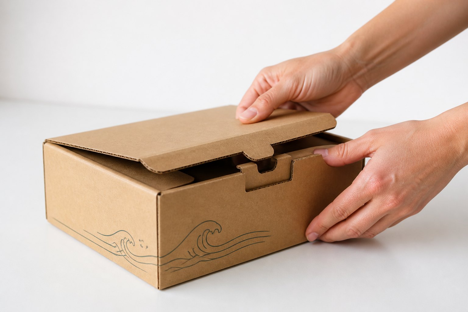Kraft mailer box with tuck-front flaps interlocked and locked shut, hands demonstrating the closure mechanism on white background.